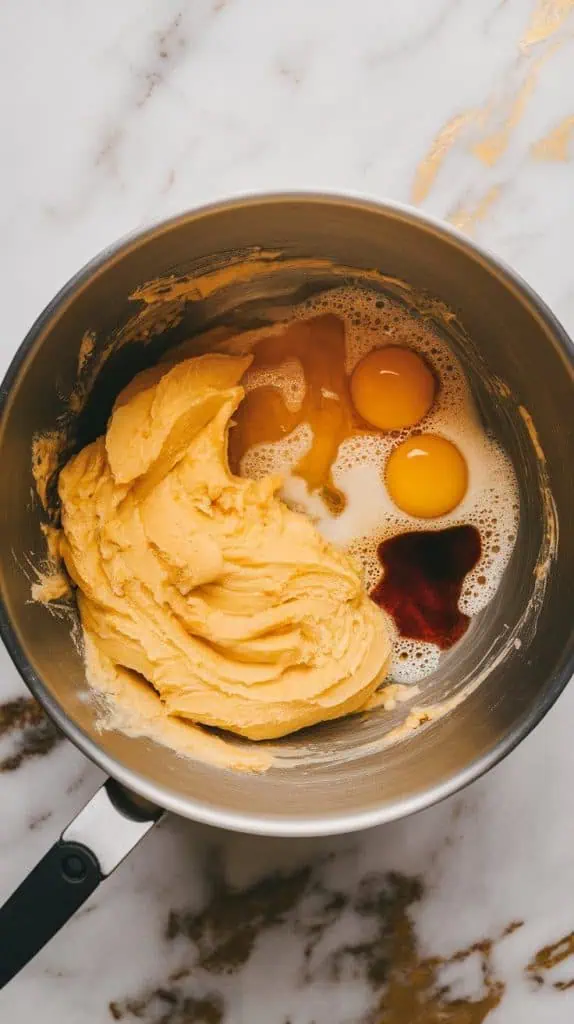 mixing bowl with mashed bananas, eggs, melted butter, brewed espresso, and vanilla extract being mixed together into a smooth batter