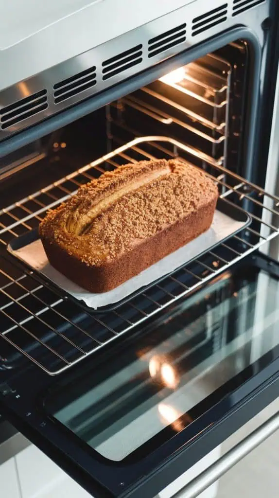 golden espresso banana bread with crumb topping baking inside a modern stainless steel double oven, its surface slightly domed with a crisp, golden crust