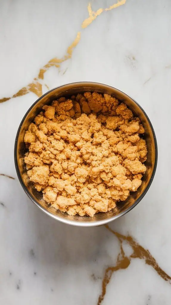 a small mixing bowl filled with crumb topping mixture, showing a golden, coarse texture with small buttery clumps