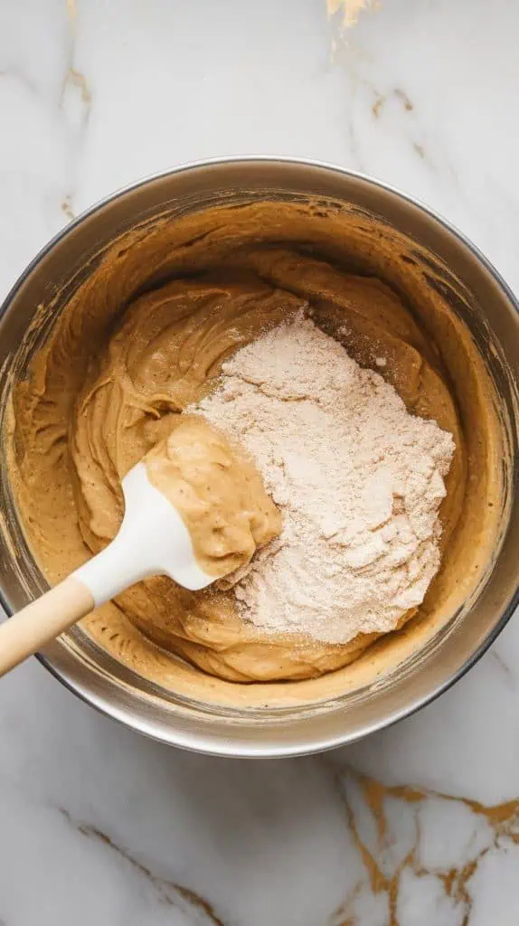 a spatula folding the flour mixture into the banana batter, creating a thick, slightly lumpy texture