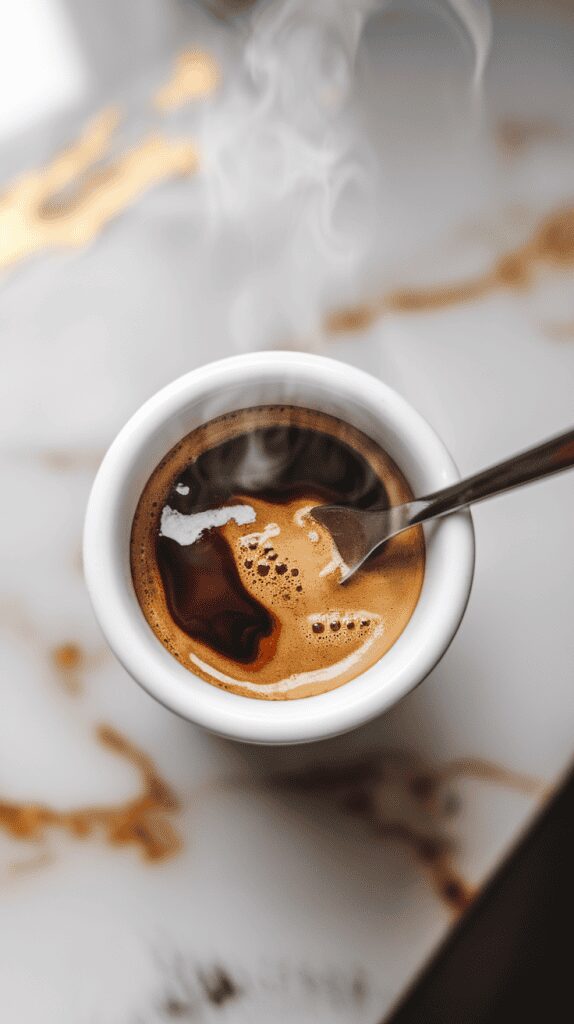 a small cup of freshly brewed espresso with steam rising, as sugar is being stirred in with a spoon