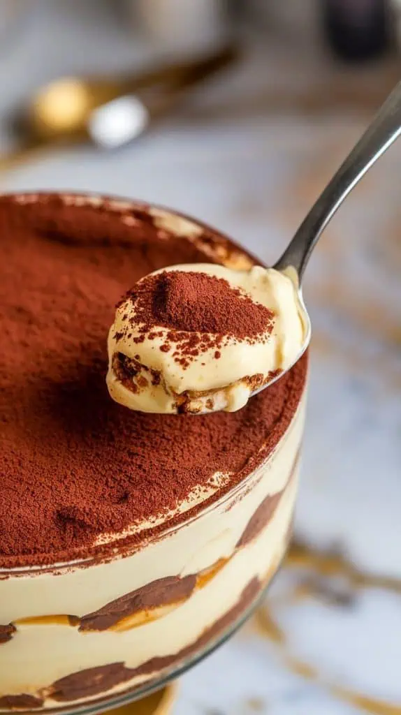 a spoon scooping into the creamy layers of espresso tiramisu trifle, with dark chocolate shavings scattered on top