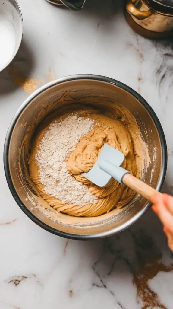 a spatula folding the dry flour mixture into the wet banana mixture, creating a thick, slightly lumpy batter