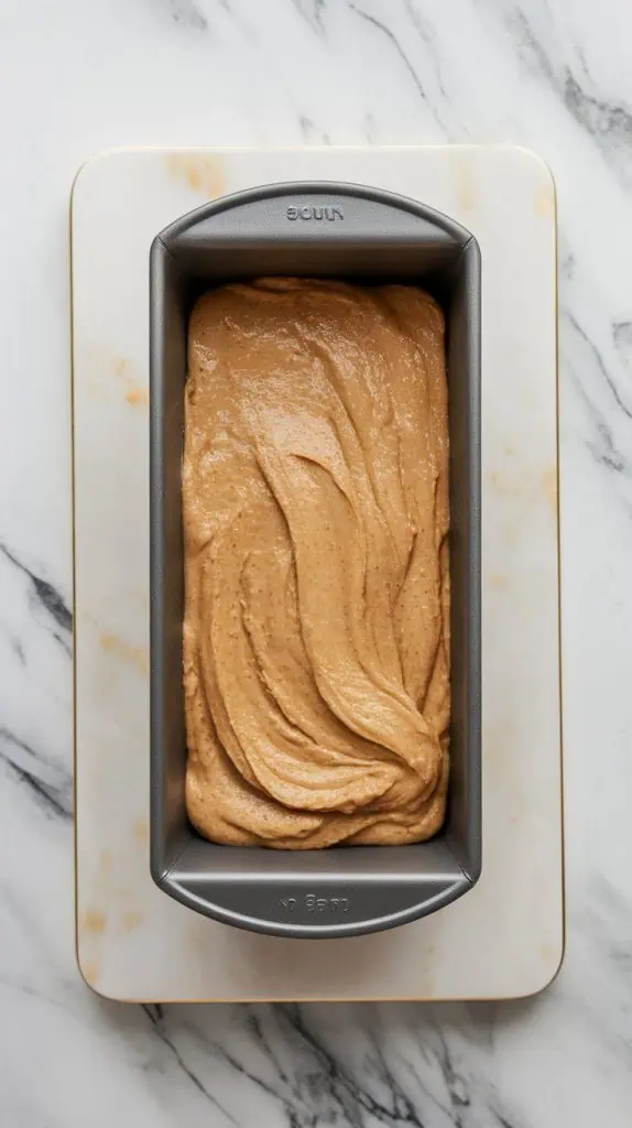 a 9x5-inch loaf pan filled with thick banana bread batter, its surface smoothed out with a spatula