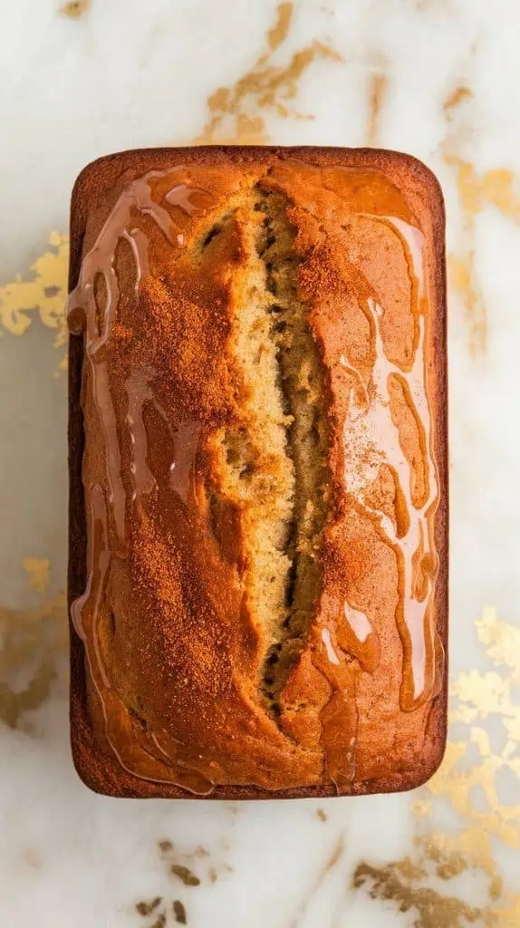 a freshly baked loaf of Honey Vanilla Banana Bread, with a golden crust and a drizzle of honey glistening on top