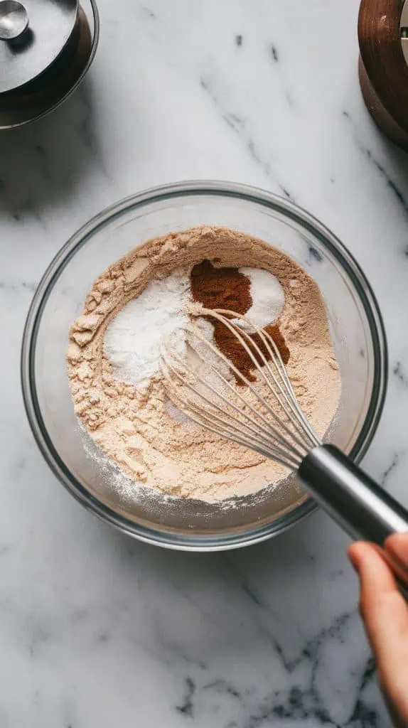 a mixing bowl with all-purpose flour, baking soda, salt, and cinnamon being whisked together, creating a light, fluffy mixture