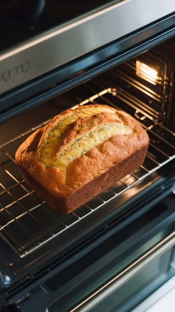 a golden-brown loaf of Lemon Poppy Seed Banana Bread baking inside a modern stainless steel double oven, the top slightly domed with specks of lemon zest