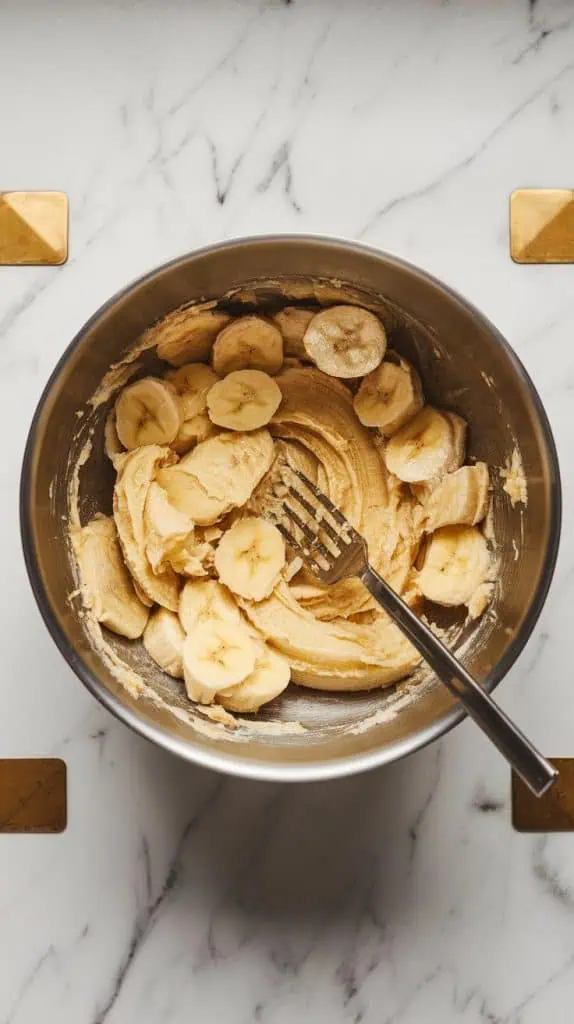 a mixing bowl filled with mashed bananas, their soft texture slightly chunky