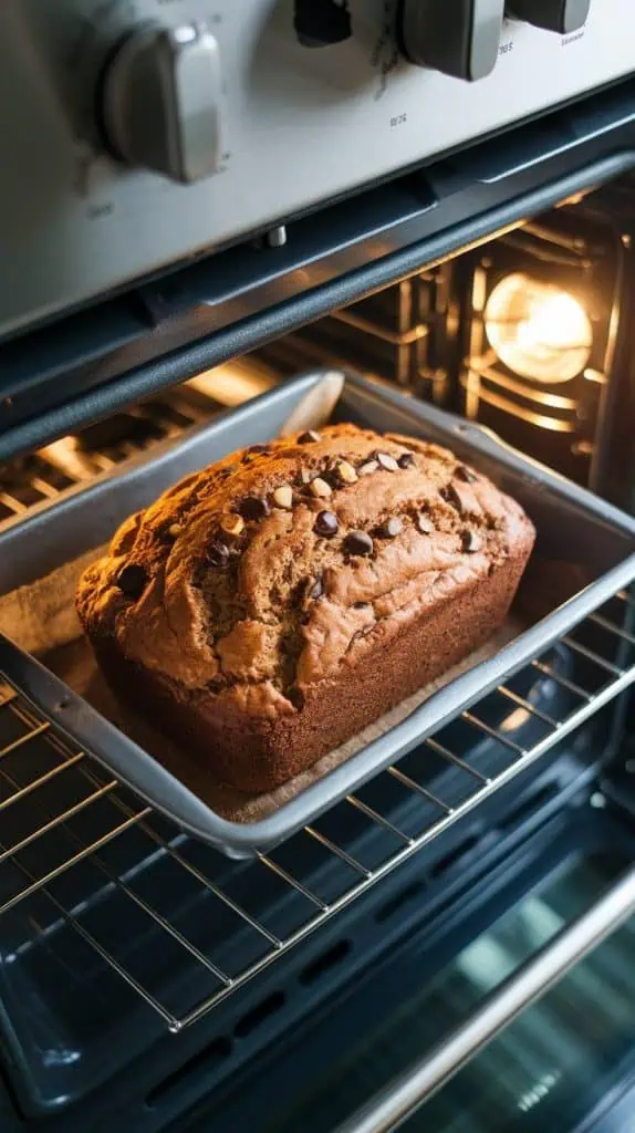 golden Peanut Butter Chocolate Banana Bread baking inside a modern stainless steel double oven, its surface slightly domed with a crisp, golden crust