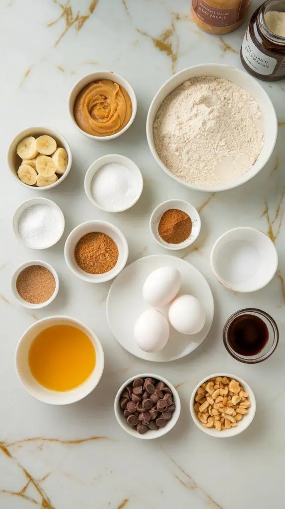 a small plate of mashed bananas, a small plate of peanut butter, a small plate of all-purpose flour, a small plate of baking soda, a small plate of baking powder, a small plate of salt, a small plate of cinnamon, a small plate of brown sugar, a small plate of granulated sugar, a small plate of eggs, a small plate of melted butter, a small plate of vanilla extract, a small plate of chocolate chips, and a small plate of chopped peanuts