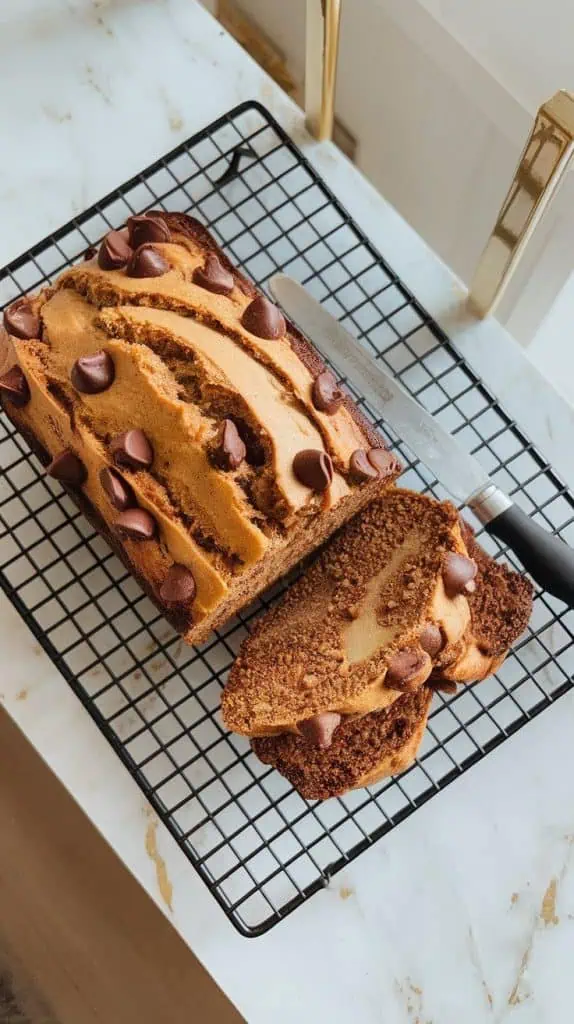 a freshly baked loaf of Peanut Butter Chocolate Banana Bread resting on a cooling rack, with a knife cutting into the golden, moist texture