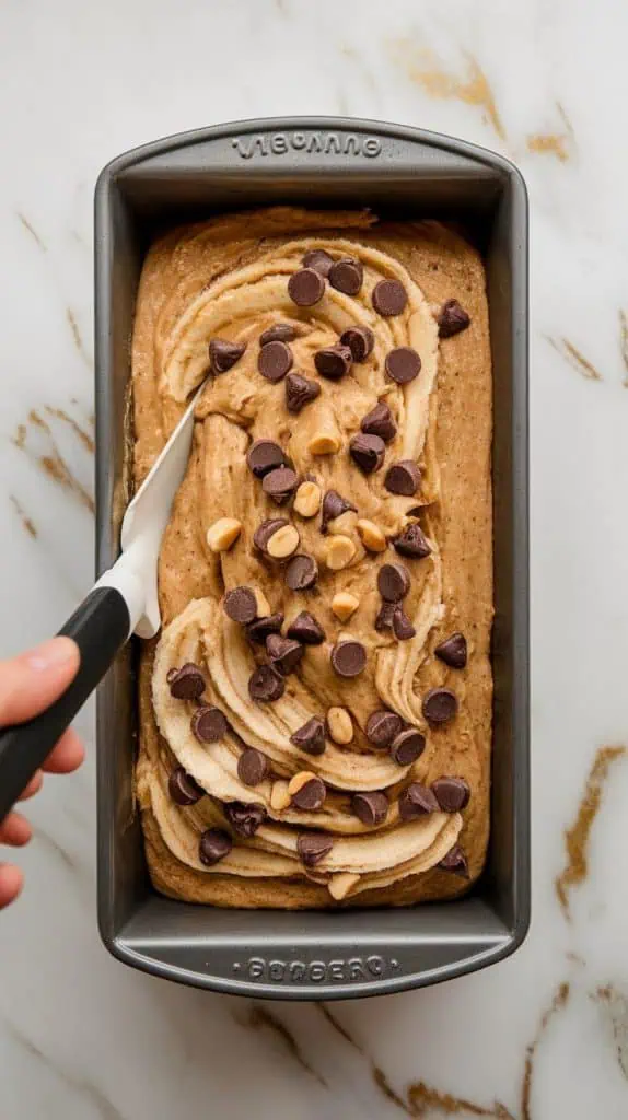 a loaf pan filled with banana bread batter, spread evenly with a spatula