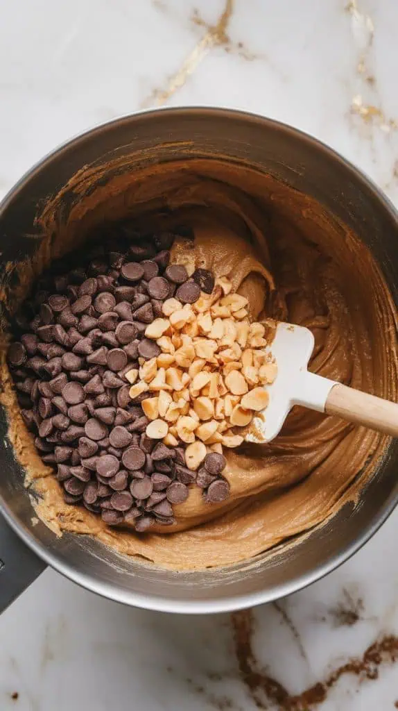 a mixing bowl filled with banana bread batter, with chocolate chips and chopped peanuts being folded in with a spatula