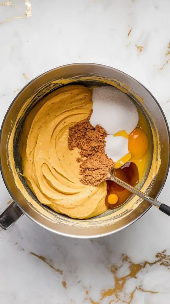 a mixing bowl with mashed bananas, peanut butter, brown sugar, granulated sugar, cracked eggs, melted butter, and vanilla extract being mixed together into a smooth batter
