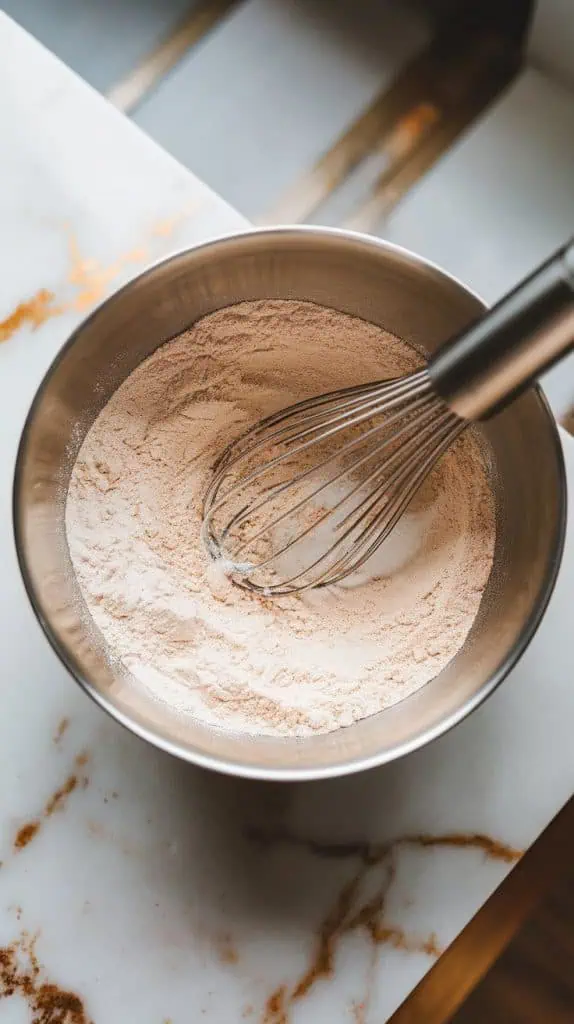 a mixing bowl with all-purpose flour, baking soda, baking powder, salt, and cinnamon being whisked together