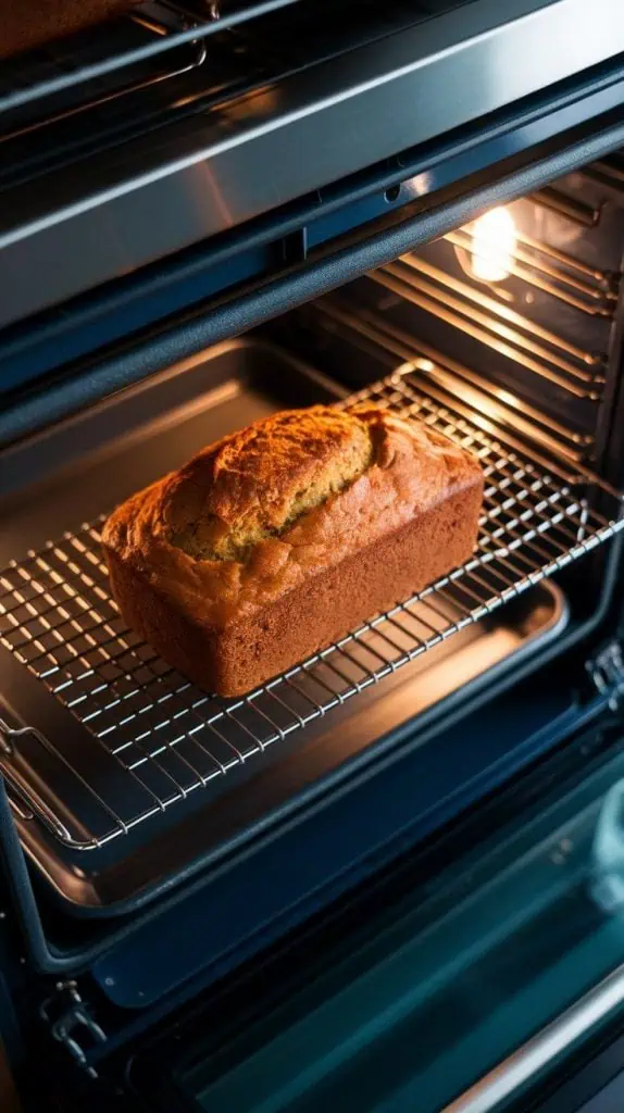  a loaf of golden pumpkin spice banana bread baking inside a modern stainless steel double oven, its surface rising perfectly