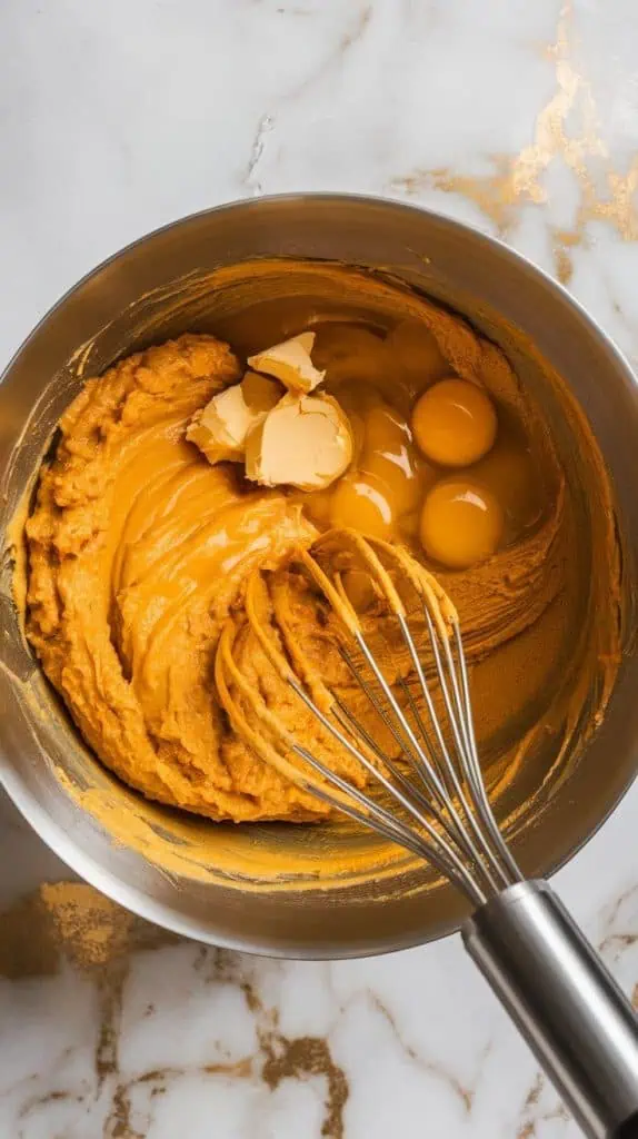 a mixing bowl with mashed bananas, smooth pumpkin purée, cracked eggs, golden melted butter, and brown sugar being whisked together
