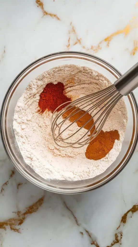 mixing bowl with all-purpose flour, warm pumpkin spice, cinnamon, baking soda, baking powder, and salt being whisked into a light, fluffy mixture