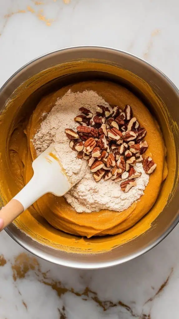 mixing bowl with all-purpose flour, warm pumpkin spice, cinnamon, baking soda, baking powder, and salt being whisked into a light, fluffy mixture