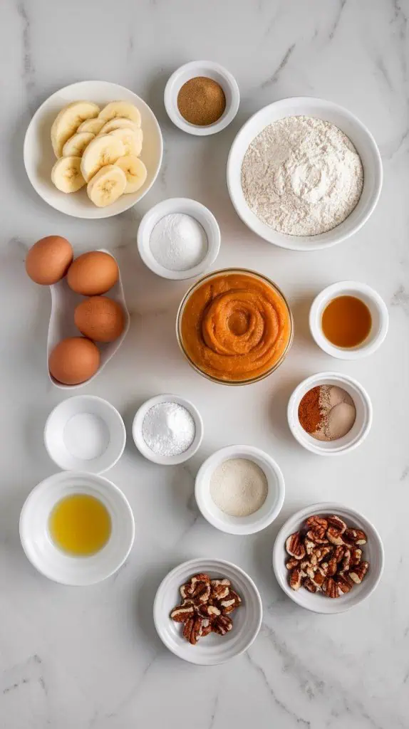 a small plate of mashed bananas, a small plate of canned pumpkin purée, a small plate of all-purpose flour, a small plate of brown sugar, a small plate of granulated sugar, a small plate of eggs, a small plate of melted butter, a small plate of vanilla extract, a small plate of pumpkin spice, a small plate of cinnamon, a small plate of baking soda, a small plate of baking powder, a small plate of salt, and a small plate of chopped pecans