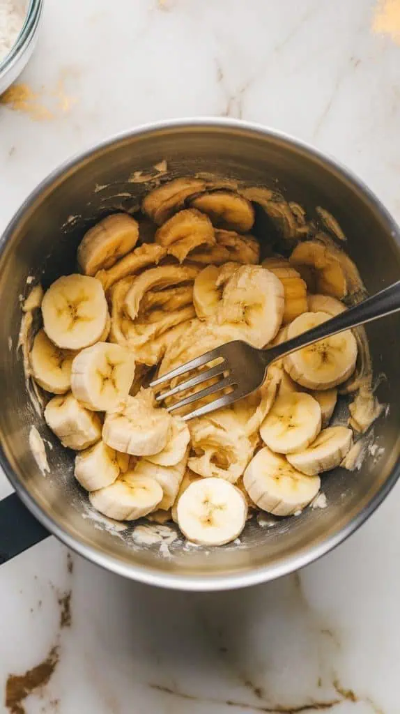 ripe bananas being mashed with a fork in a small bowl until smooth and creamy