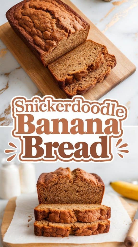 a freshly baked snickerdoodle banana bread loaf with a golden cinnamon-sugar crust, slightly cracked on top