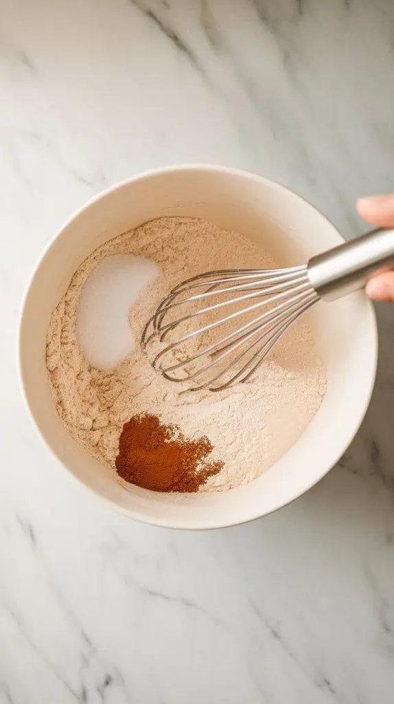 a mixing bowl with all-purpose flour, baking soda, salt, and cinnamon being whisked together, creating a light, fluffy mixture