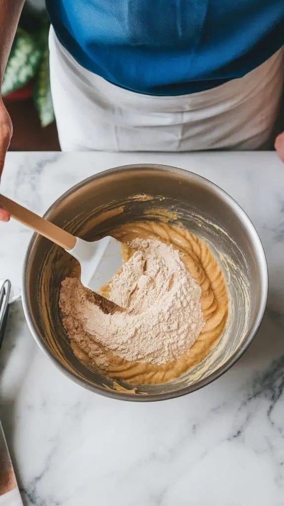 a spatula folding the dry flour mixture into the wet banana mixture, creating a thick, slightly lumpy batter