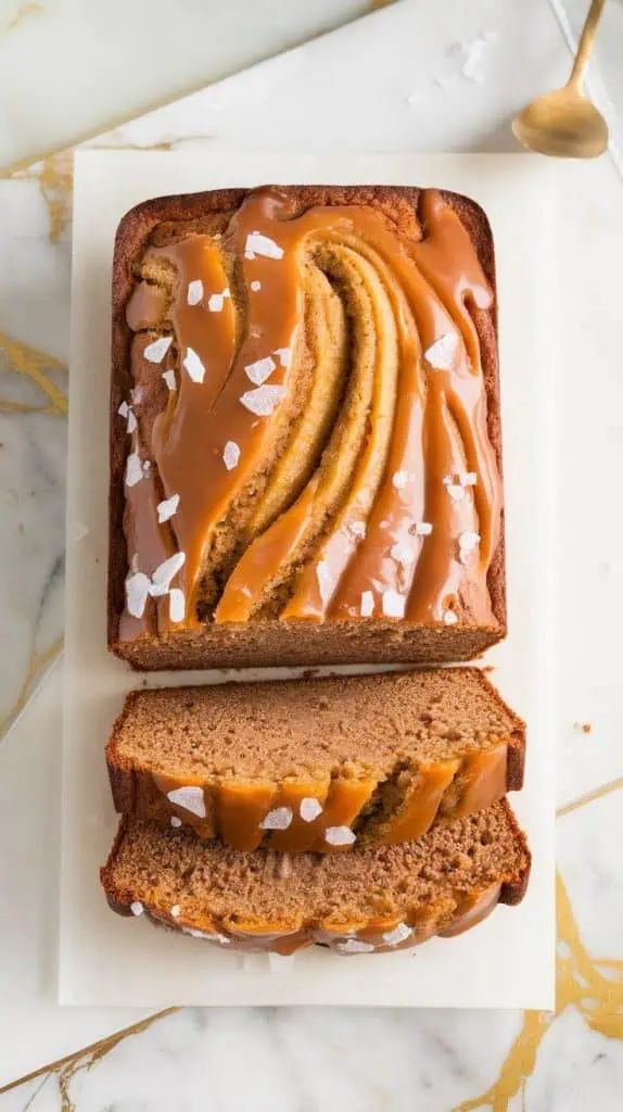 a freshly baked loaf of Salted Caramel Banana Bread, with a golden crust and thick caramel drizzled on top