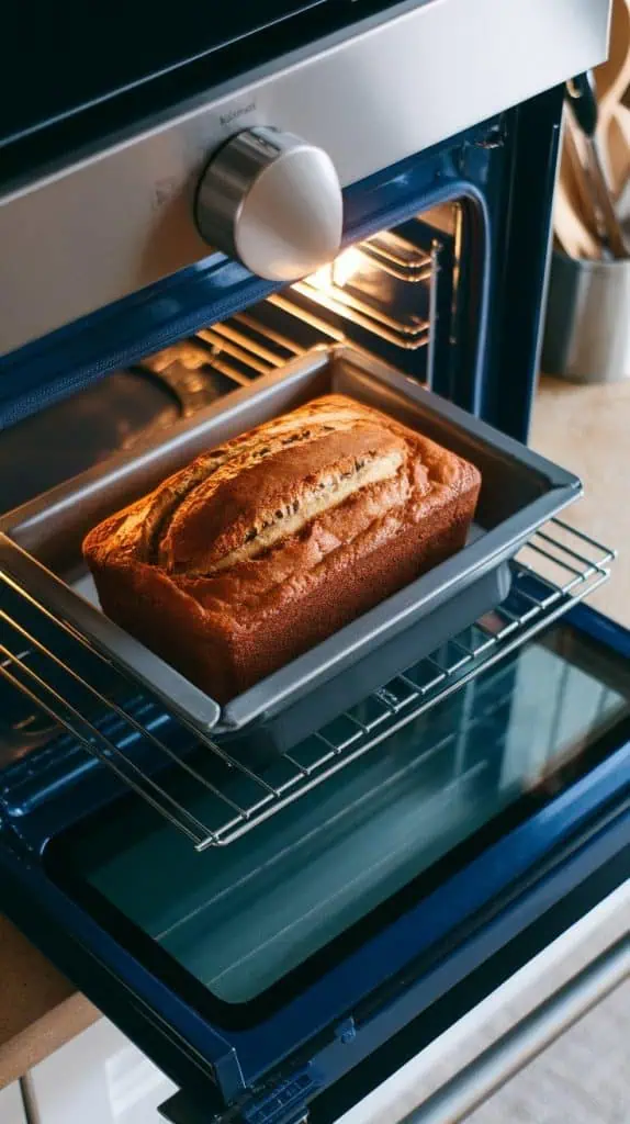 a golden-brown loaf of banana bread baking inside a modern stainless steel double oven, the top slightly cracked with caramel bubbling at the edges