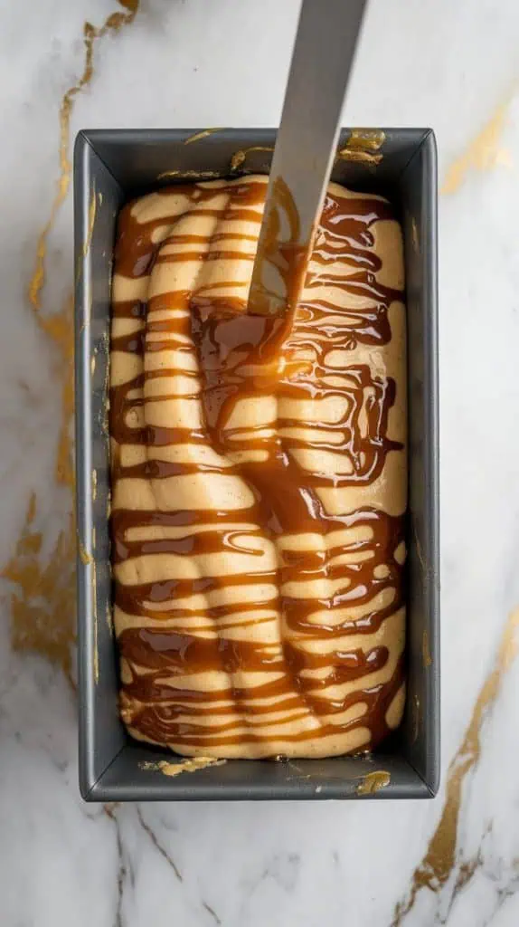 a loaf pan filled halfway with banana bread batter, with thick caramel sauce drizzled on top