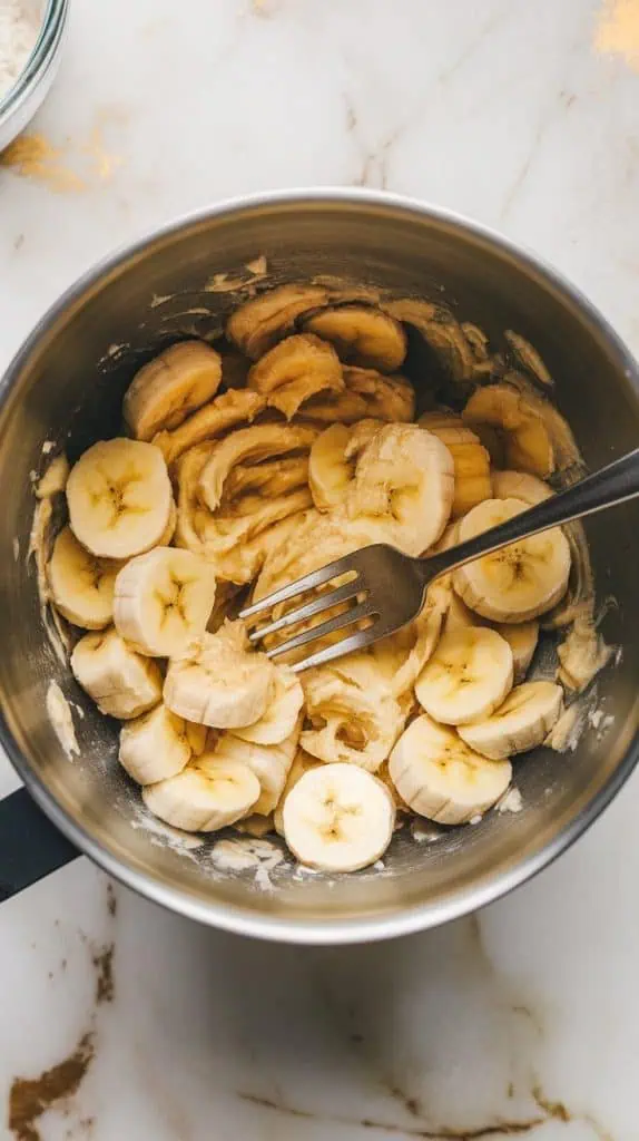 a mixing bowl filled with ripe, mashed bananas, their soft texture slightly chunky