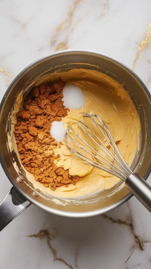 a mixing bowl with mashed bananas, golden melted butter, brown sugar, granulated sugar, eggs, and vanilla extract being whisked together until smooth. The mixture looks creamy and glossy