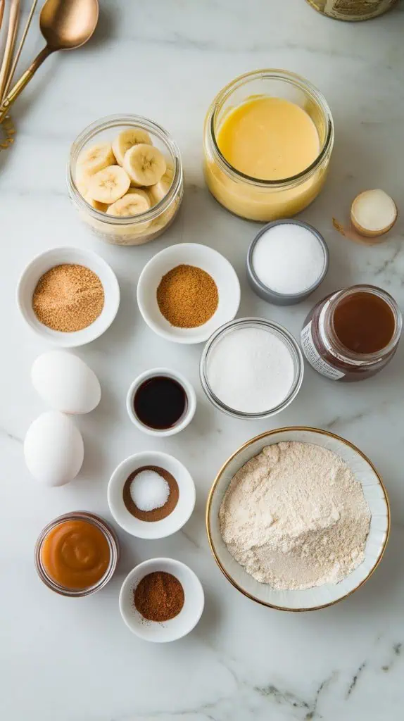 a small plate of mashed bananas, a small plate of melted butter, a small plate of brown sugar, a small plate of granulated sugar, a small plate of eggs, a small plate of vanilla extract, a small plate of all-purpose flour, a small plate of baking soda, a small plate of salt, a small plate of cinnamon, a small plate of caramel sauce, and a small plate of flaky sea salt