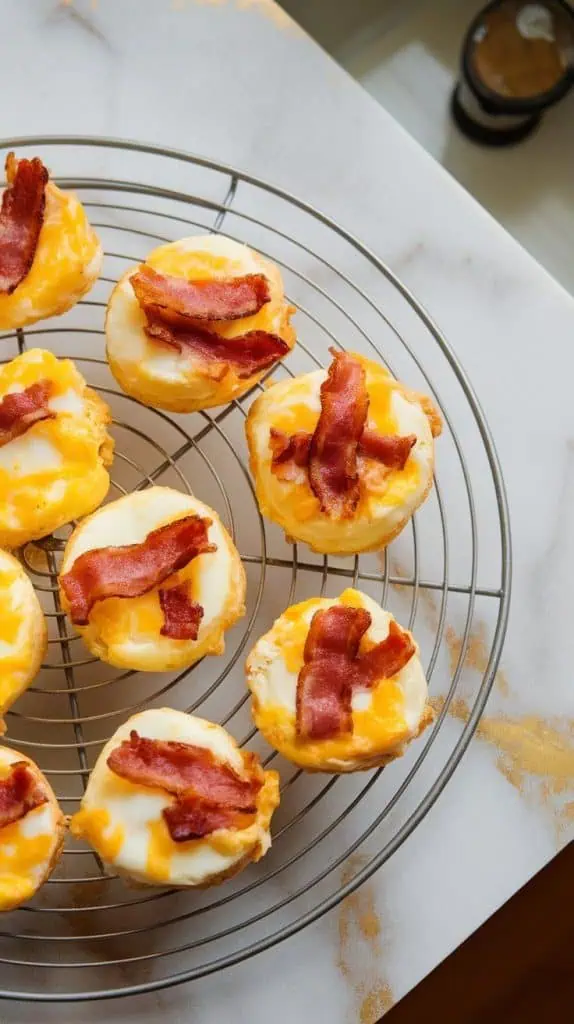 freshly baked Starbucks copycat bacon & gruyère egg bites cooling on a wire rack. The egg bites are golden and fluffy, with crispy bacon and melted cheese on top