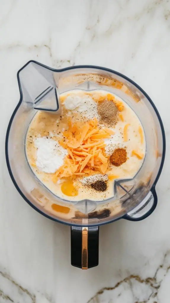 a blender filled with eggs, cottage cheese, shredded gruyère, heavy cream, salt, black pepper, garlic powder, and onion powder