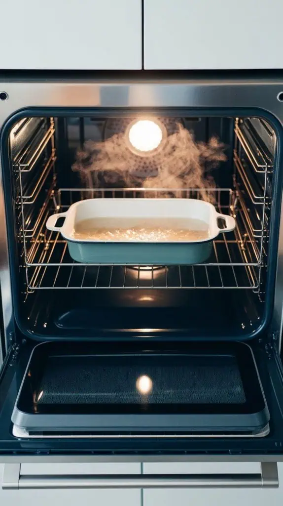 a baking dish filled with hot water sitting on the lower rack of a modern stainless steel double oven
