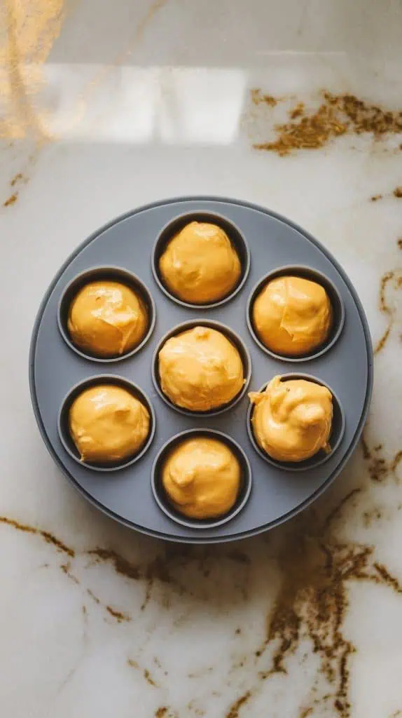 a silicone egg bite mold filled with smooth, blended egg mixture