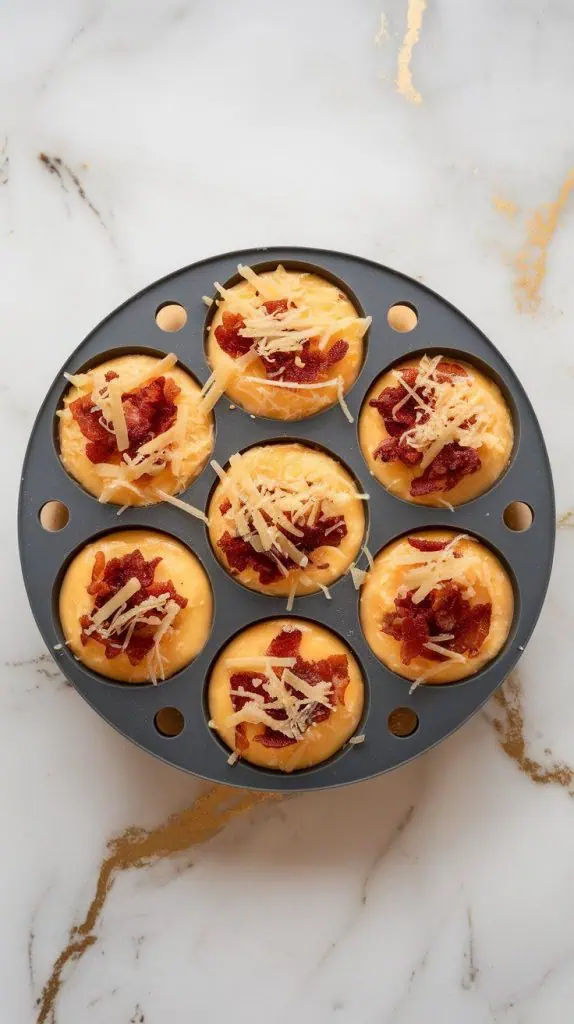 a silicone mold filled with blended egg mixture, topped with crispy crumbled bacon and shredded gruyère cheese