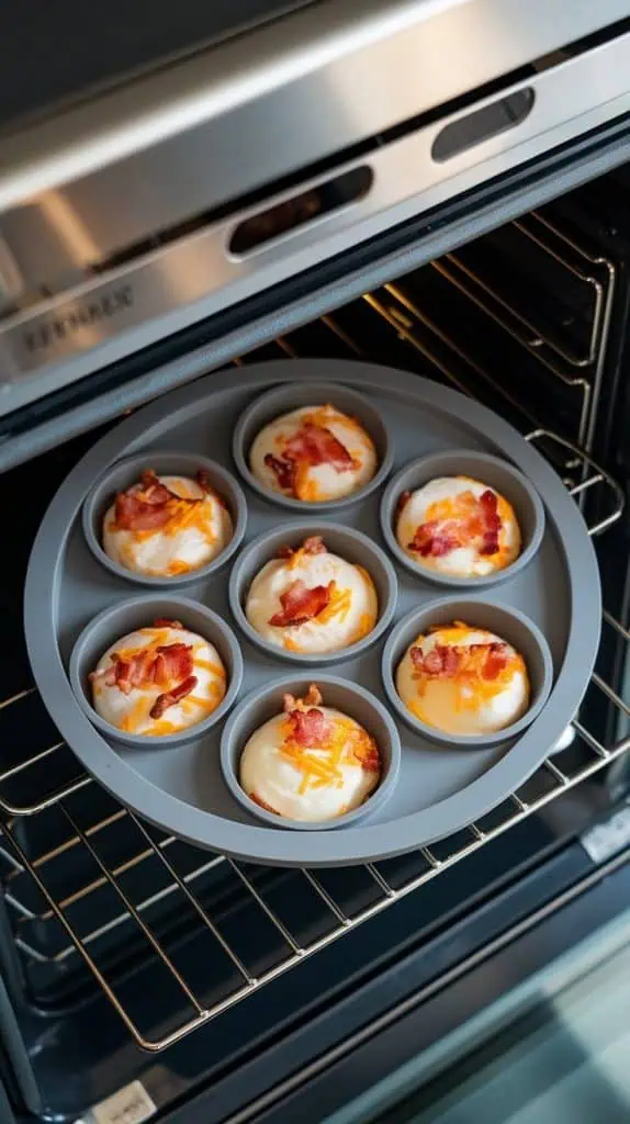 a muffin tin with egg bites baking inside a modern stainless steel double oven
