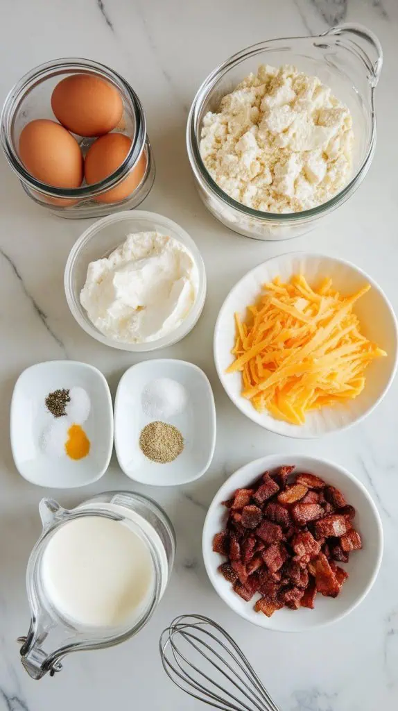 all ingredients for Starbucks copycat bacon & gruyère egg bites arranged on a white marble countertop with hints of gold