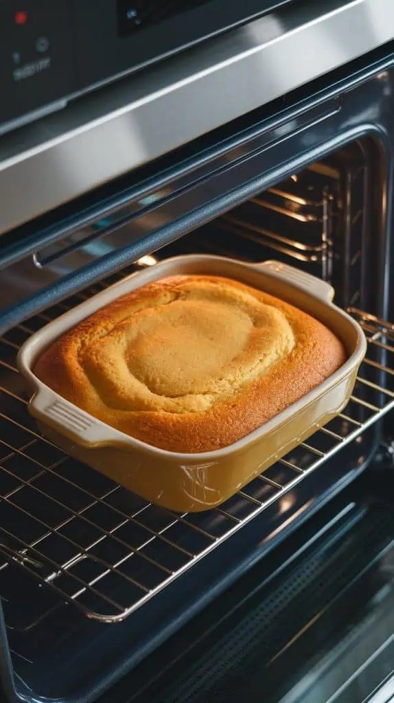 a baked golden-yellow cake in a rectangular dish, just out of the oven