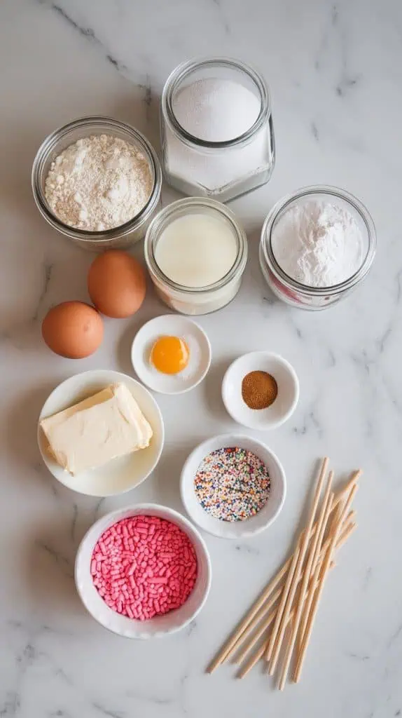  all ingredients for Starbucks copycat birthday cake pops arranged on a white marble countertop with hints of gold