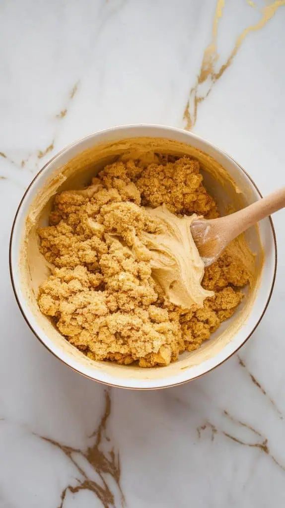 crumbled yellow cake being mixed with frosting in a bowl until a dough-like texture forms