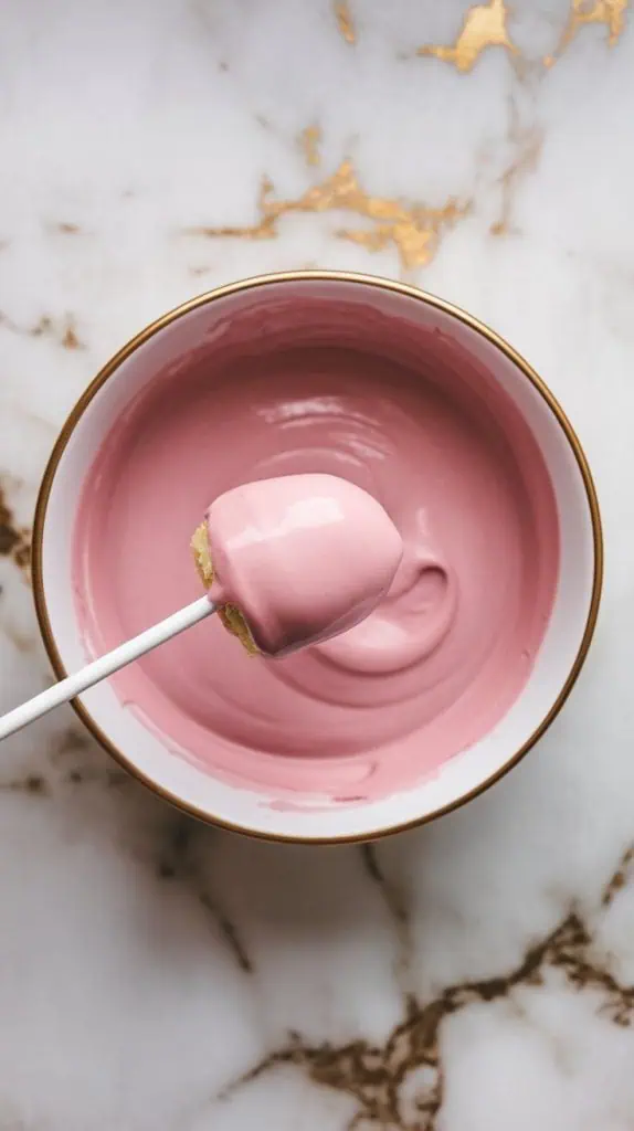 cake pop being dipped into melted pink candy coating
