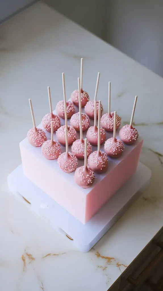 freshly dipped pink cake pops topped with white sprinkles, standing upright in a foam block