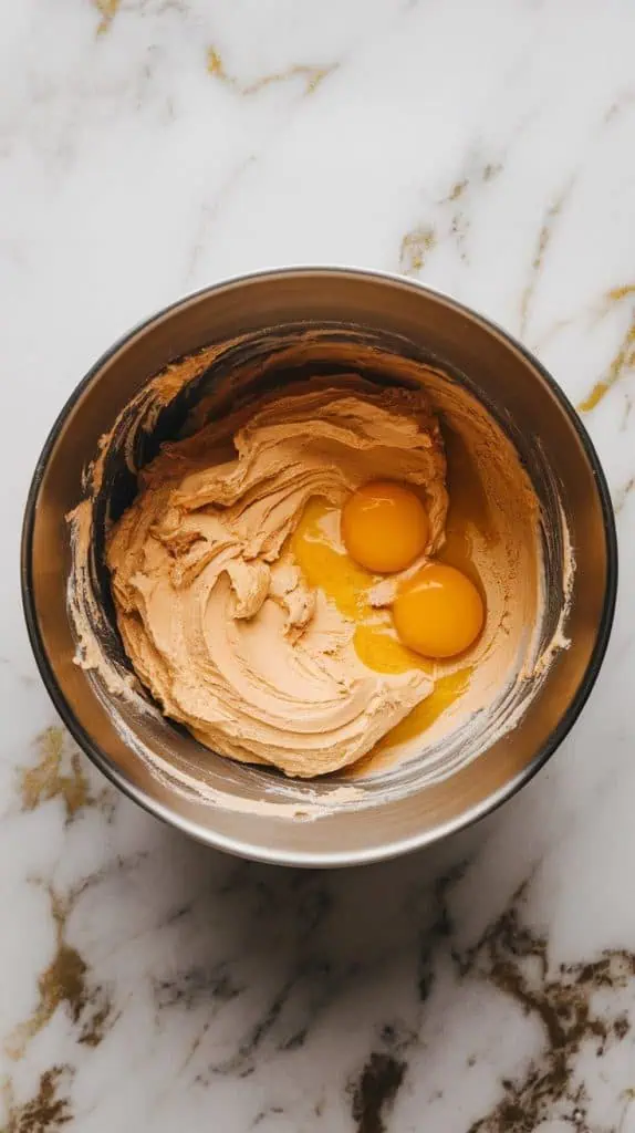 a mixing bowl with creamed butter and sugar, now mixed with two eggs and vanilla extract