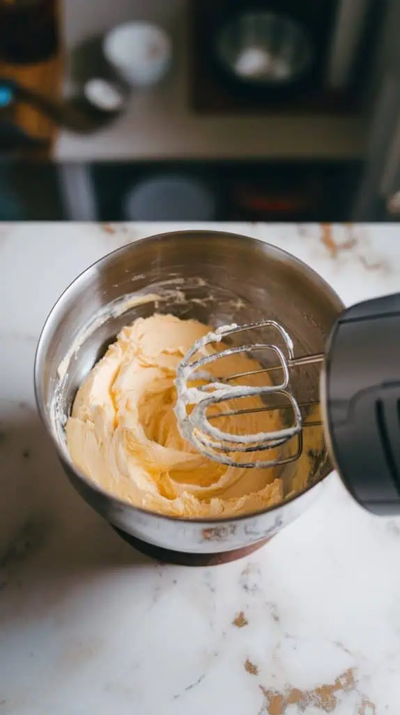 softened butter and sugar being creamed together in a mixing bowl with a hand mixer