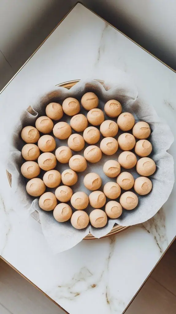 perfectly rolled cake balls resting on a parchment-lined tray. The cake balls are smooth and even in size
