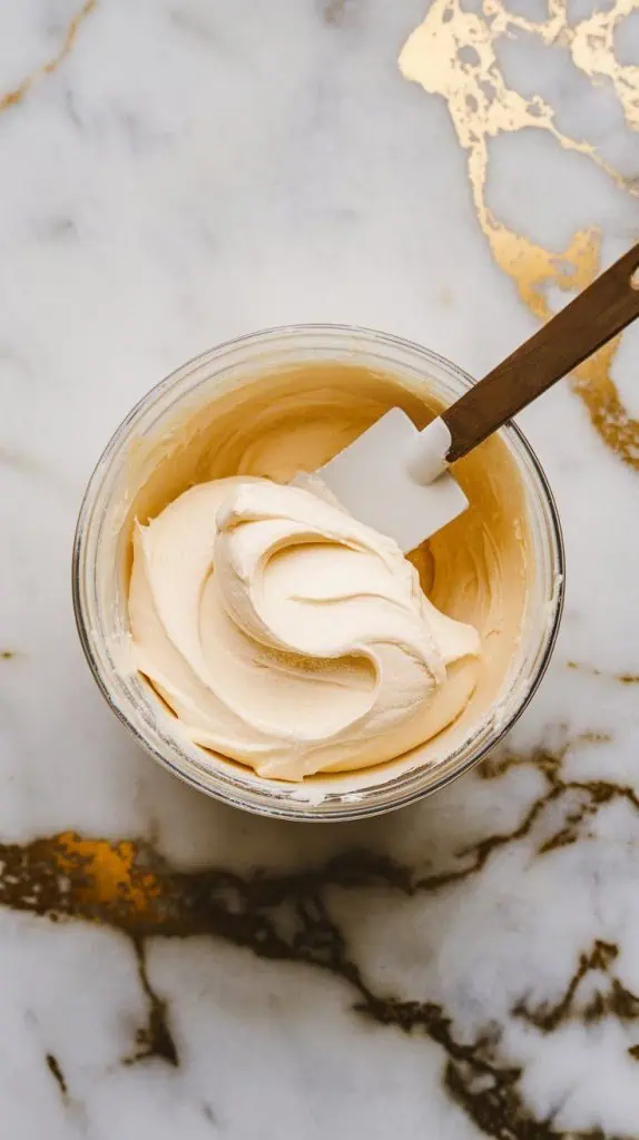 small mixing bowl with smooth frosting made from cream cheese, butter, powdered sugar, and vanilla